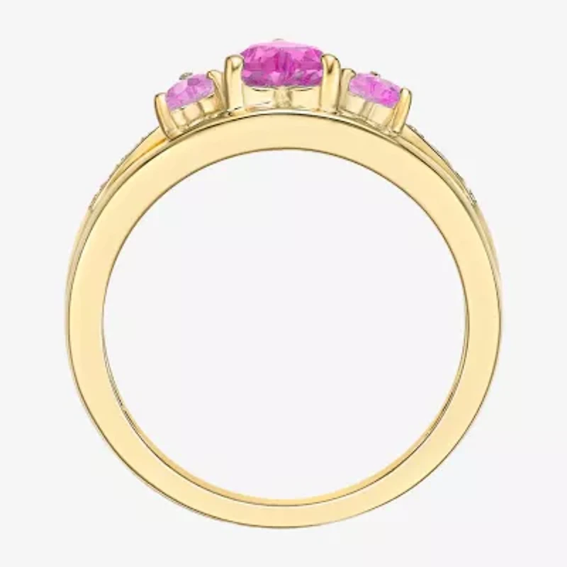 Womens Diamond Accent Lab Created Pink Sapphire 18K Gold Over Silver 3-Stone Side Stone Cocktail Ring