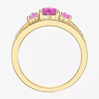 Womens Diamond Accent Lab Created Pink Sapphire 18K Gold Over Silver 3-Stone Side Stone Cocktail Ring
