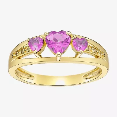 Womens Diamond Accent Lab Created Pink Sapphire 18K Gold Over Silver 3-Stone Side Stone Cocktail Ring
