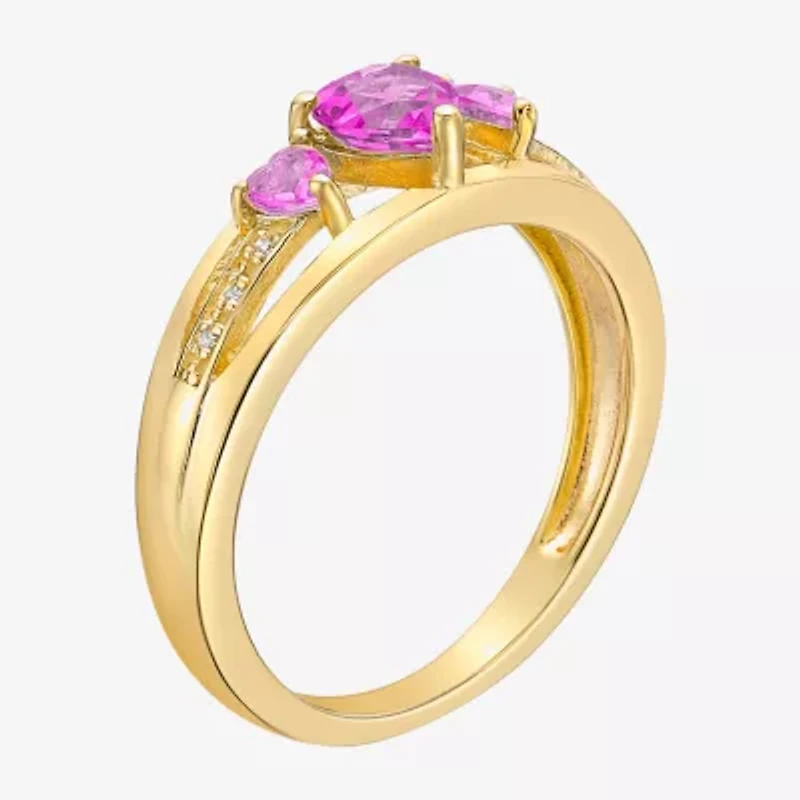 Womens Diamond Accent Lab Created Pink Sapphire 18K Gold Over Silver 3-Stone Side Stone Cocktail Ring