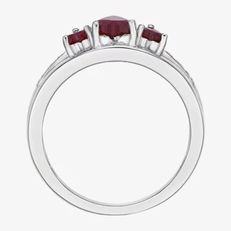 Womens Diamond Accent Lab Created Red Ruby Sterling Silver 3-Stone Side Stone Cocktail Ring
