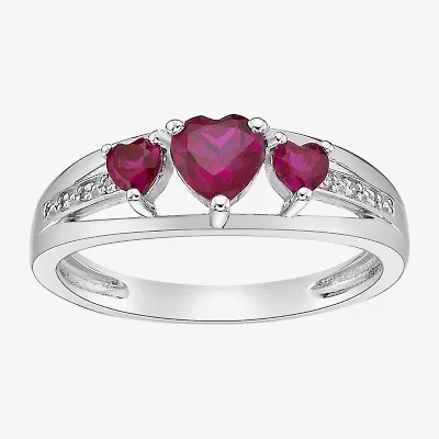 Womens Diamond Accent Lab Created Red Ruby Sterling Silver 3-Stone Side Stone Cocktail Ring