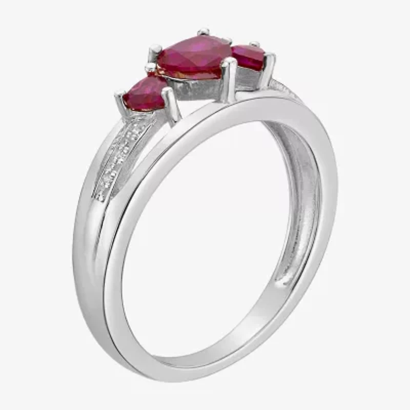 Womens Diamond Accent Lab Created Red Ruby Sterling Silver 3-Stone Side Stone Cocktail Ring