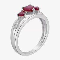 Womens Diamond Accent Lab Created Red Ruby Sterling Silver 3-Stone Side Stone Cocktail Ring