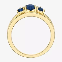 Womens Diamond Accent Lab Created Sapphire 18K Gold Over Silver 3-Stone Side Stone Cocktail Ring