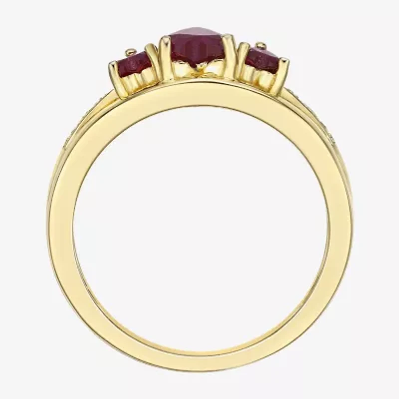 Womens Diamond Accent Lab Created Red Ruby 18K Gold Over Silver 3-Stone Side Stone Cocktail Ring