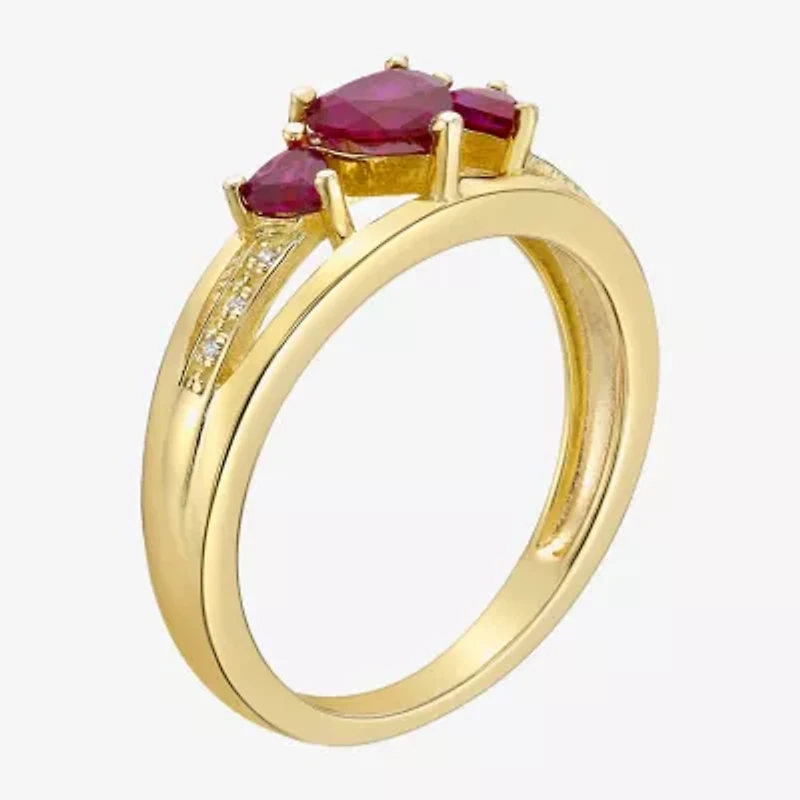 Womens Diamond Accent Lab Created Red Ruby 18K Gold Over Silver 3-Stone Side Stone Cocktail Ring