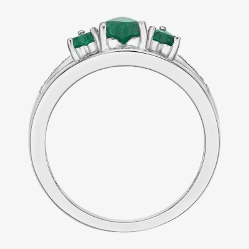 Womens Diamond Accent Lab Created Green Emerald Sterling Silver 3-Stone Side Stone Cocktail Ring