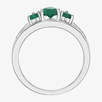 Womens Diamond Accent Lab Created Green Emerald Sterling Silver 3-Stone Side Stone Cocktail Ring
