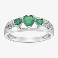 Womens Diamond Accent Lab Created Green Emerald Sterling Silver 3-Stone Side Stone Cocktail Ring