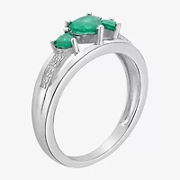 Womens Diamond Accent Lab Created Green Emerald Sterling Silver 3-Stone Side Stone Cocktail Ring
