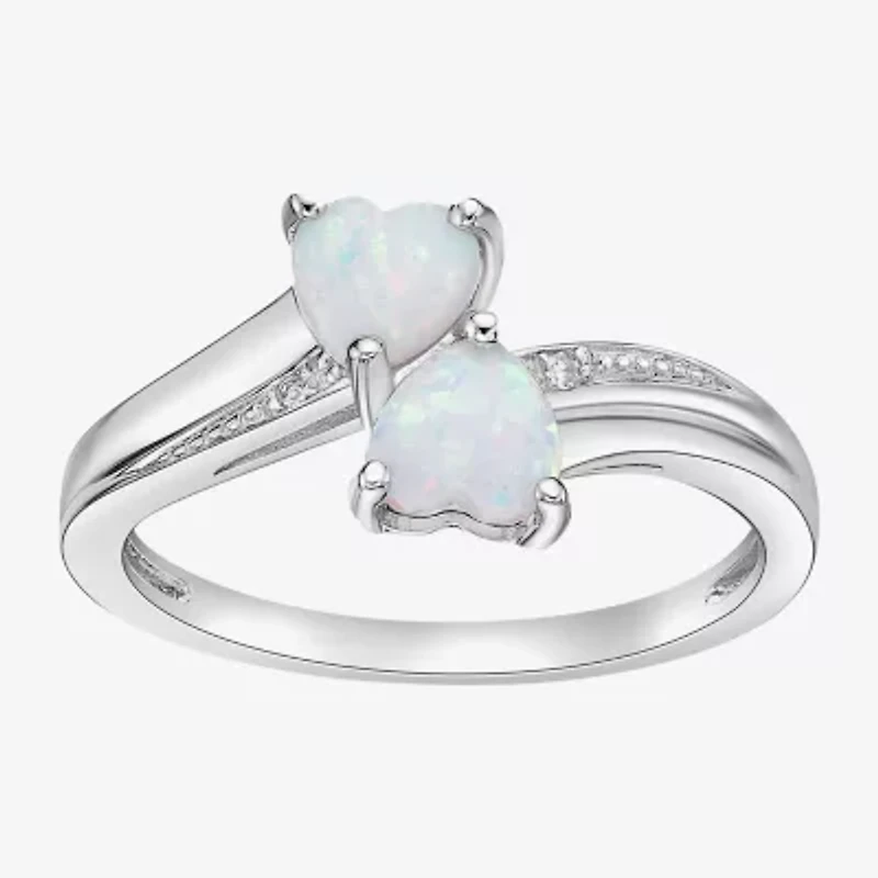 Womens Diamond Accent Lab Created White Opal Sterling Silver Side Stone Cocktail Ring