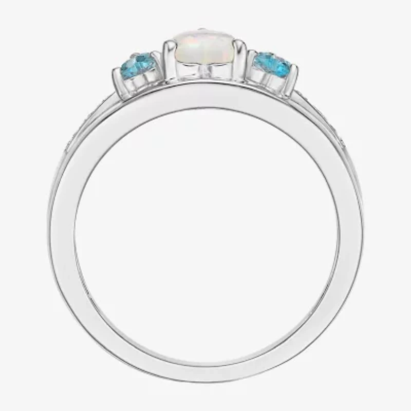 Womens Diamond Accent Lab Created White Opal Sterling Silver 3-Stone Side Stone Cocktail Ring