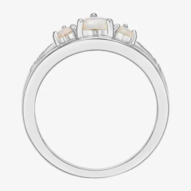 Womens Diamond Accent Lab Created White Opal Sterling Silver 3-Stone Side Stone Cocktail Ring