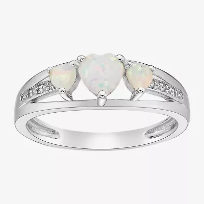Womens Diamond Accent Lab Created White Opal Sterling Silver 3-Stone Side Stone Cocktail Ring