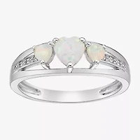 Womens Diamond Accent Lab Created White Opal Sterling Silver 3-Stone Side Stone Cocktail Ring