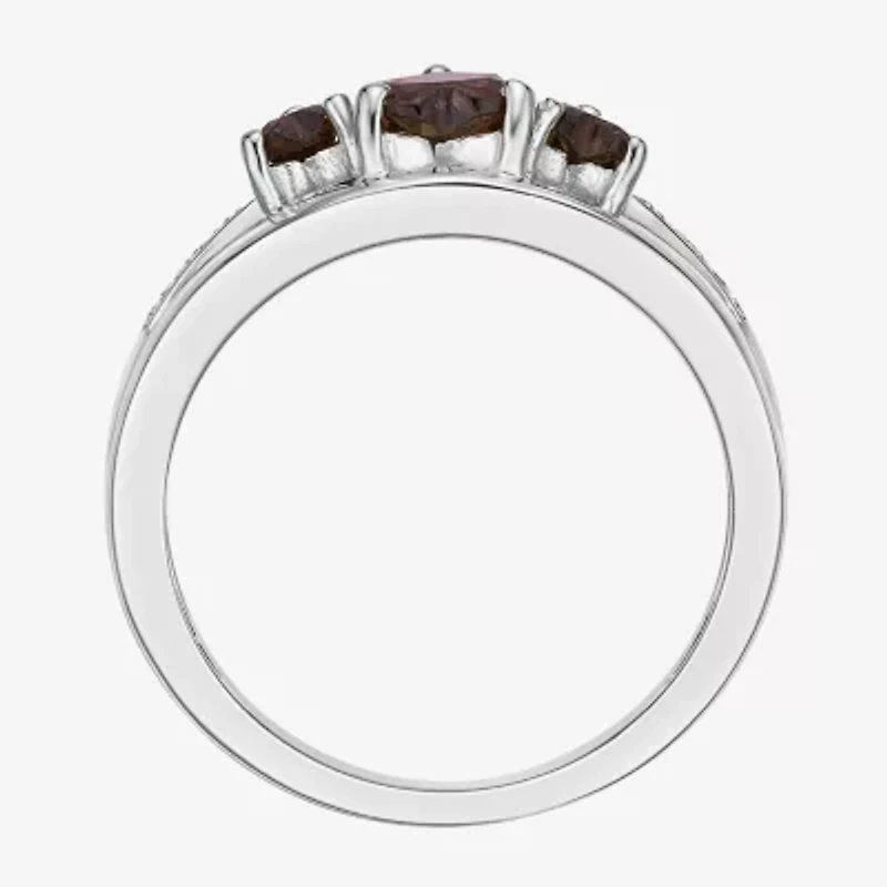 Womens Diamond Accent Genuine Red Garnet Sterling Silver 3-Stone Side Stone Cocktail Ring