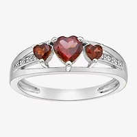 Womens Diamond Accent Genuine Red Garnet Sterling Silver 3-Stone Side Stone Cocktail Ring