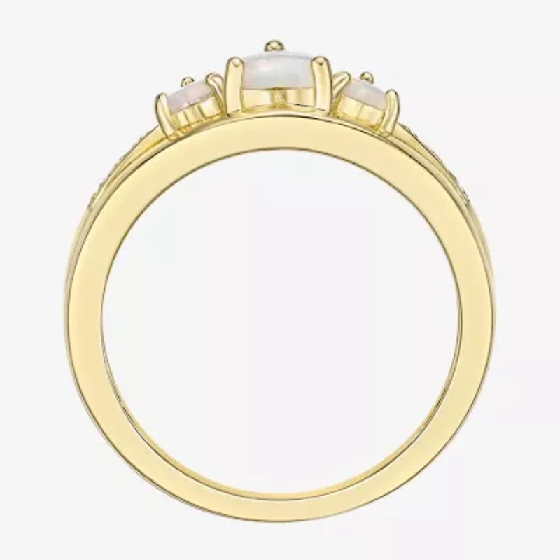 Womens Diamond Accent Lab Created White Opal 18K Gold Over Silver 3-Stone Side Stone Cocktail Ring