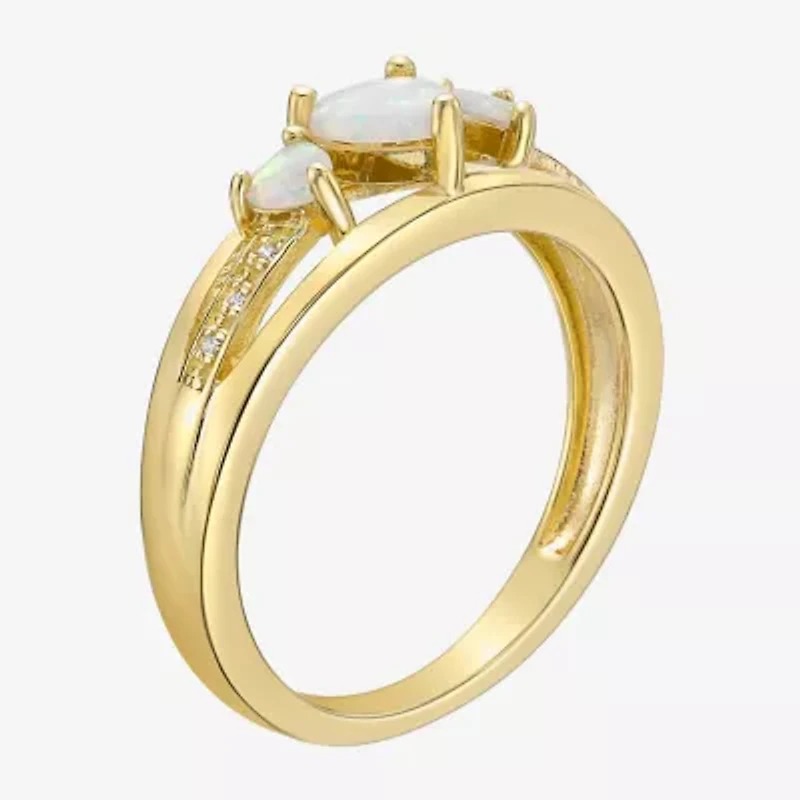 Womens Diamond Accent Lab Created White Opal 18K Gold Over Silver 3-Stone Side Stone Cocktail Ring