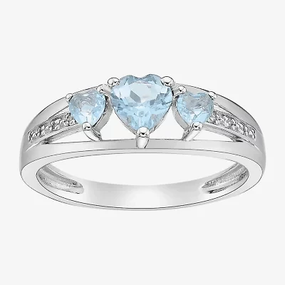 Womens Diamond Accent Lab Created Blue Aquamarine Sterling Silver 3-Stone Side Stone Cocktail Ring