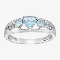 Womens Diamond Accent Lab Created Blue Aquamarine Sterling Silver 3-Stone Side Stone Cocktail Ring