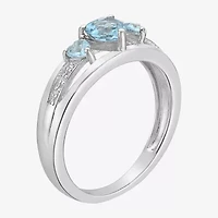 Womens Diamond Accent Lab Created Blue Aquamarine Sterling Silver 3-Stone Side Stone Cocktail Ring
