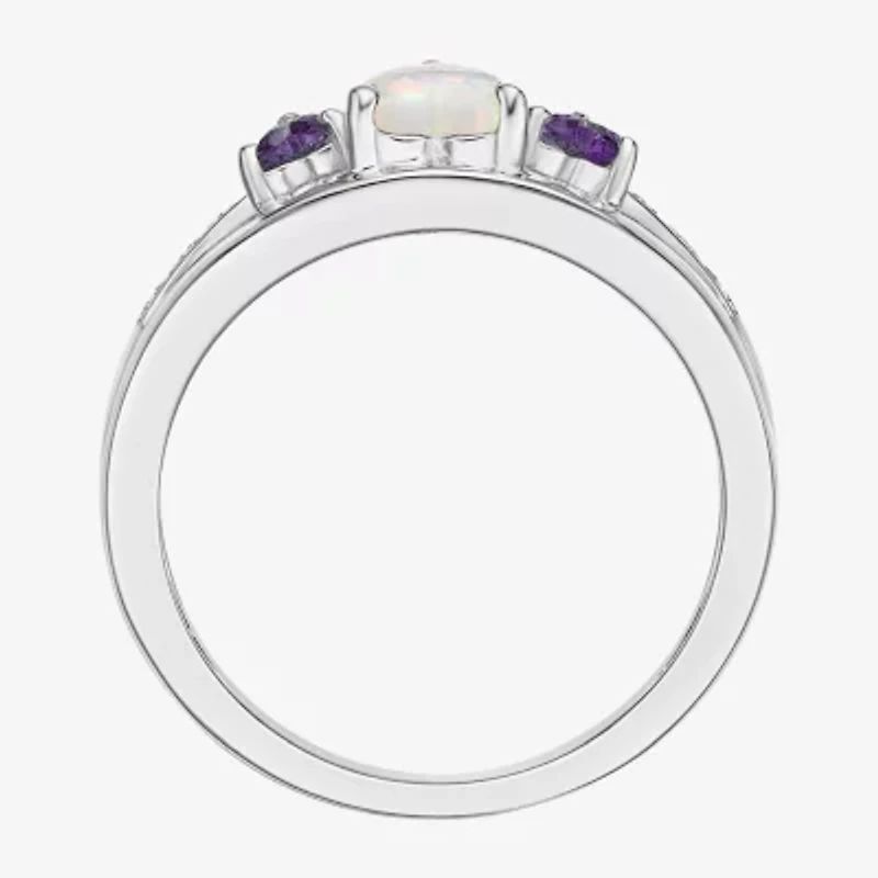 Womens Diamond Accent Lab Created White Opal Sterling Silver 3-Stone Side Stone Cocktail Ring