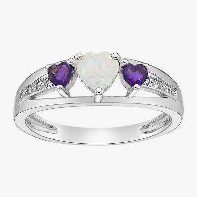 Womens Diamond Accent Lab Created White Opal Sterling Silver 3-Stone Side Stone Cocktail Ring
