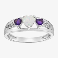 Womens Diamond Accent Lab Created White Opal Sterling Silver 3-Stone Side Stone Cocktail Ring