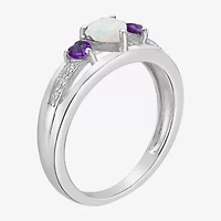 Womens Diamond Accent Lab Created White Opal Sterling Silver 3-Stone Side Stone Cocktail Ring