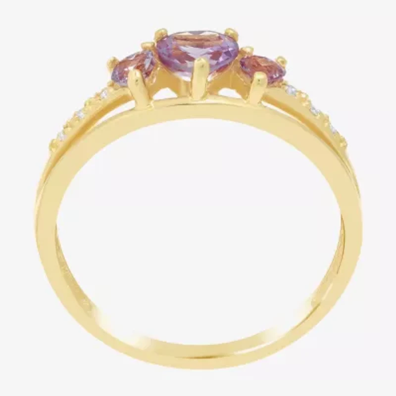 Womens Diamond Accent Lab Created Purple Alexandrite 18K Gold Over Silver 3-Stone Side Stone Cocktail Ring