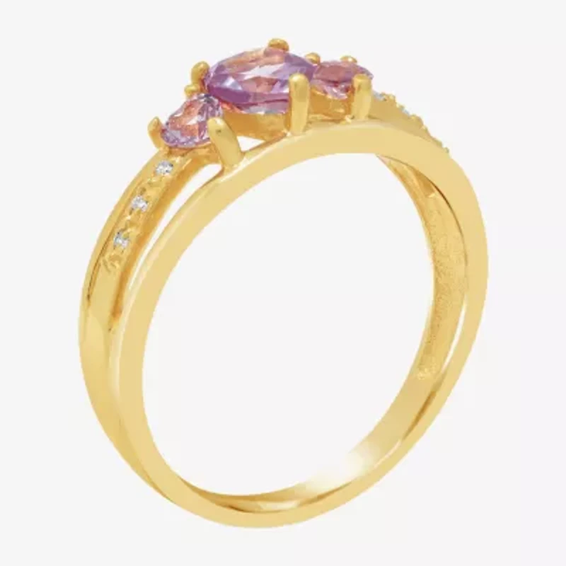 Womens Diamond Accent Lab Created Purple Alexandrite 18K Gold Over Silver 3-Stone Side Stone Cocktail Ring