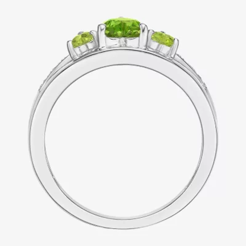 Womens Diamond Accent Genuine Green Peridot Sterling Silver 3-Stone Side Stone Cocktail Ring