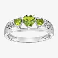 Womens Diamond Accent Genuine Green Peridot Sterling Silver 3-Stone Side Stone Cocktail Ring