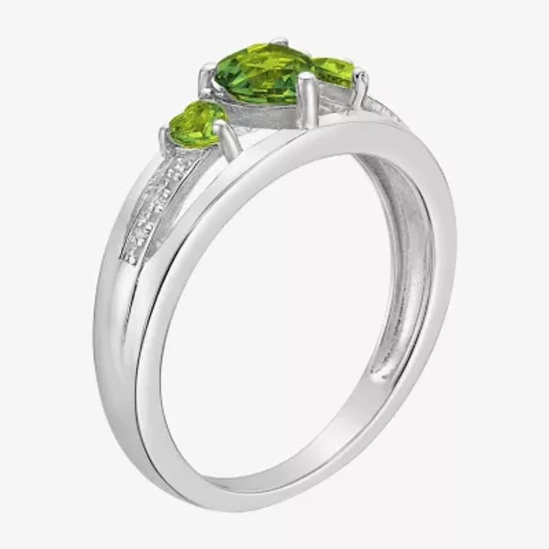Womens Diamond Accent Genuine Green Peridot Sterling Silver 3-Stone Side Stone Cocktail Ring