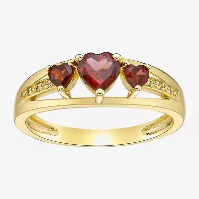 Womens Diamond Accent Genuine Red Garnet 18K Gold Over Silver 3-Stone Side Stone Cocktail Ring