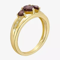 Womens Diamond Accent Genuine Red Garnet 18K Gold Over Silver 3-Stone Side Stone Cocktail Ring
