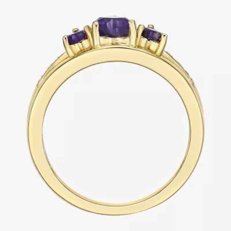 Womens Diamond Accent Genuine Purple Amethyst 18K Gold Over Silver 3-Stone Side Stone Cocktail Ring