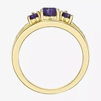 Womens Diamond Accent Genuine Purple Amethyst 18K Gold Over Silver 3-Stone Side Stone Cocktail Ring