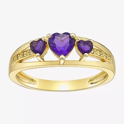 Womens Diamond Accent Genuine Purple Amethyst 18K Gold Over Silver 3-Stone Side Stone Cocktail Ring