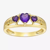 Womens Diamond Accent Genuine Purple Amethyst 18K Gold Over Silver 3-Stone Side Stone Cocktail Ring