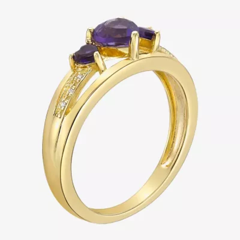 Womens Diamond Accent Genuine Purple Amethyst 18K Gold Over Silver 3-Stone Side Stone Cocktail Ring