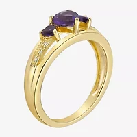 Womens Diamond Accent Genuine Purple Amethyst 18K Gold Over Silver 3-Stone Side Stone Cocktail Ring