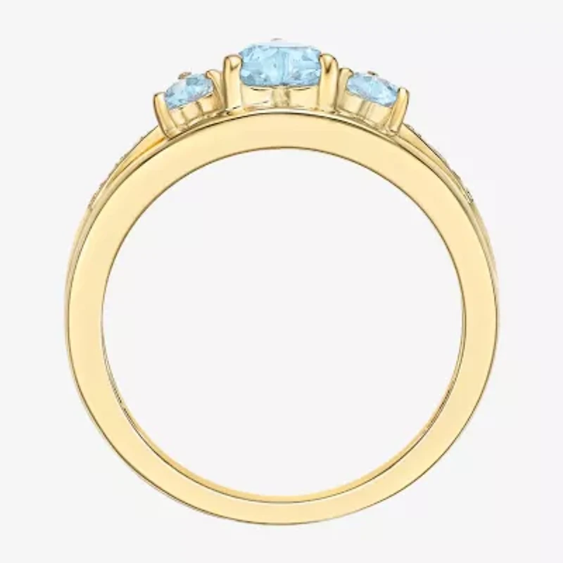 Womens Diamond Accent Lab Created Blue Aquamarine 18K Gold Over Silver 3-Stone Side Stone Cocktail Ring