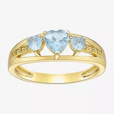 Womens Diamond Accent Lab Created Blue Aquamarine 18K Gold Over Silver 3-Stone Side Stone Cocktail Ring