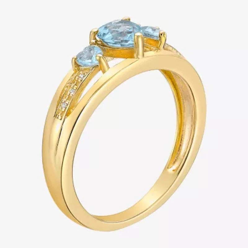 Womens Diamond Accent Lab Created Blue Aquamarine 18K Gold Over Silver 3-Stone Side Stone Cocktail Ring