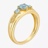 Womens Diamond Accent Lab Created Blue Aquamarine 18K Gold Over Silver 3-Stone Side Stone Cocktail Ring