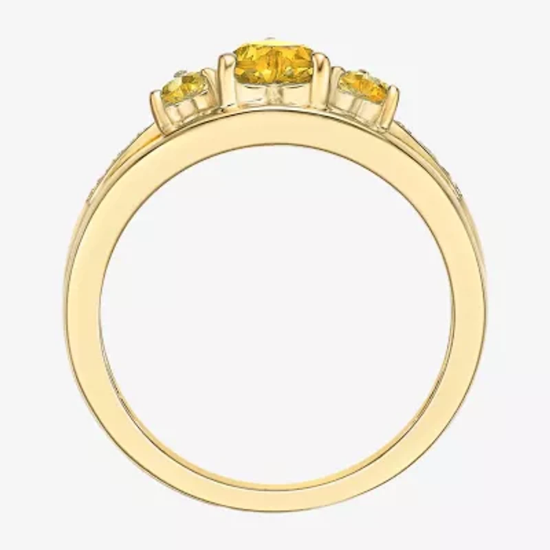 Womens Diamond Accent Genuine Yellow Citrine 18K Gold Over Silver 3-Stone Side Stone Cocktail Ring