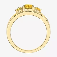Womens Diamond Accent Genuine Yellow Citrine 18K Gold Over Silver 3-Stone Side Stone Cocktail Ring